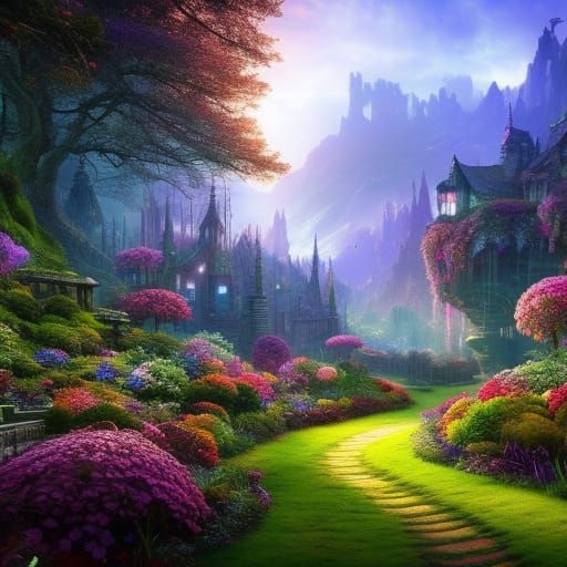 Enchanted Magical Garden with Golden Light