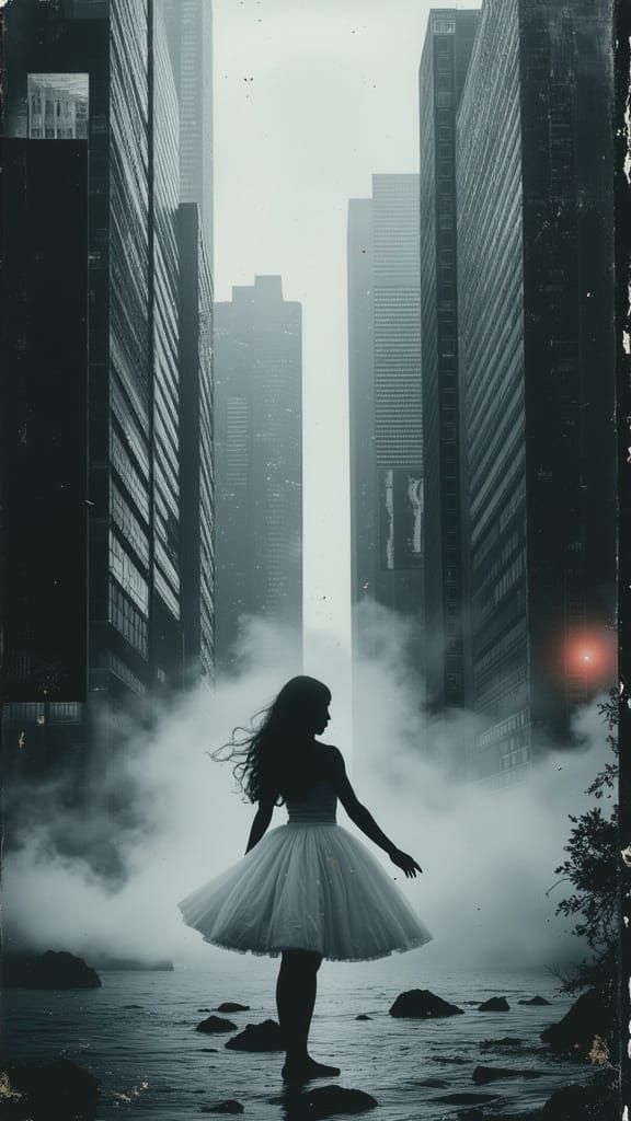 Serene Ballerina in Monochromatic Cityscape with Swirling Ha...