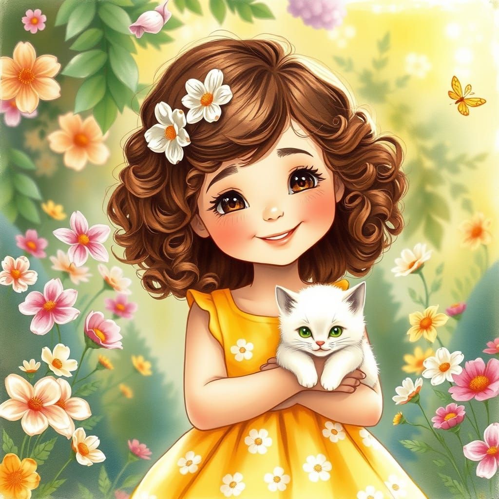 A Young Girl and Her Whimsical Kitten in a Vibrant Garden