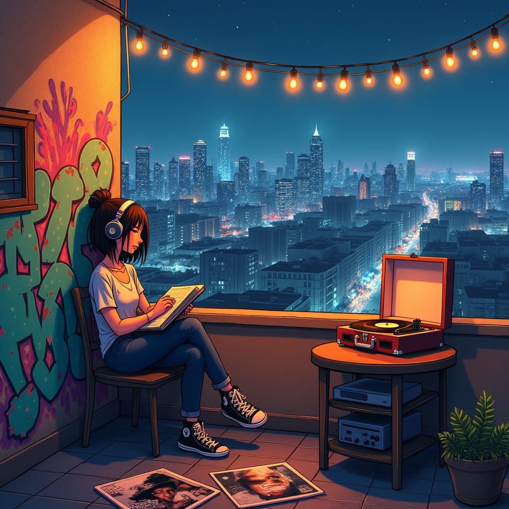 Rooftop Hip-Hop Scene in Anime Key Visual Style