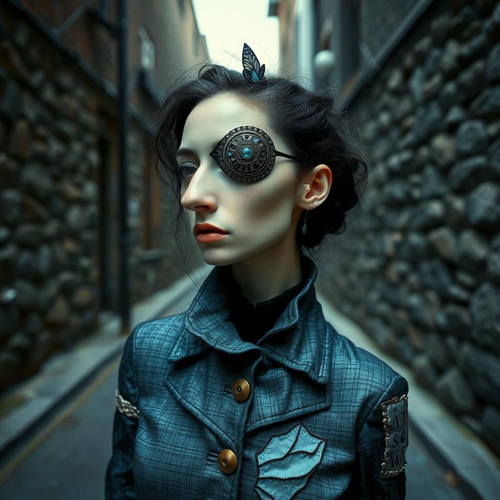 Surreal Woman with Eye Patch in Urban Setting