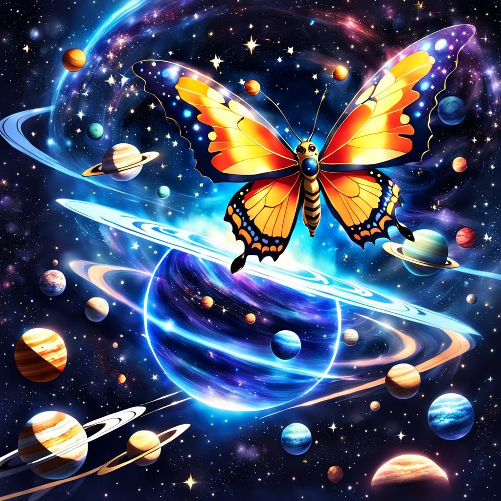 Cosmic Butterfly with Planets and Stars in Anime Style