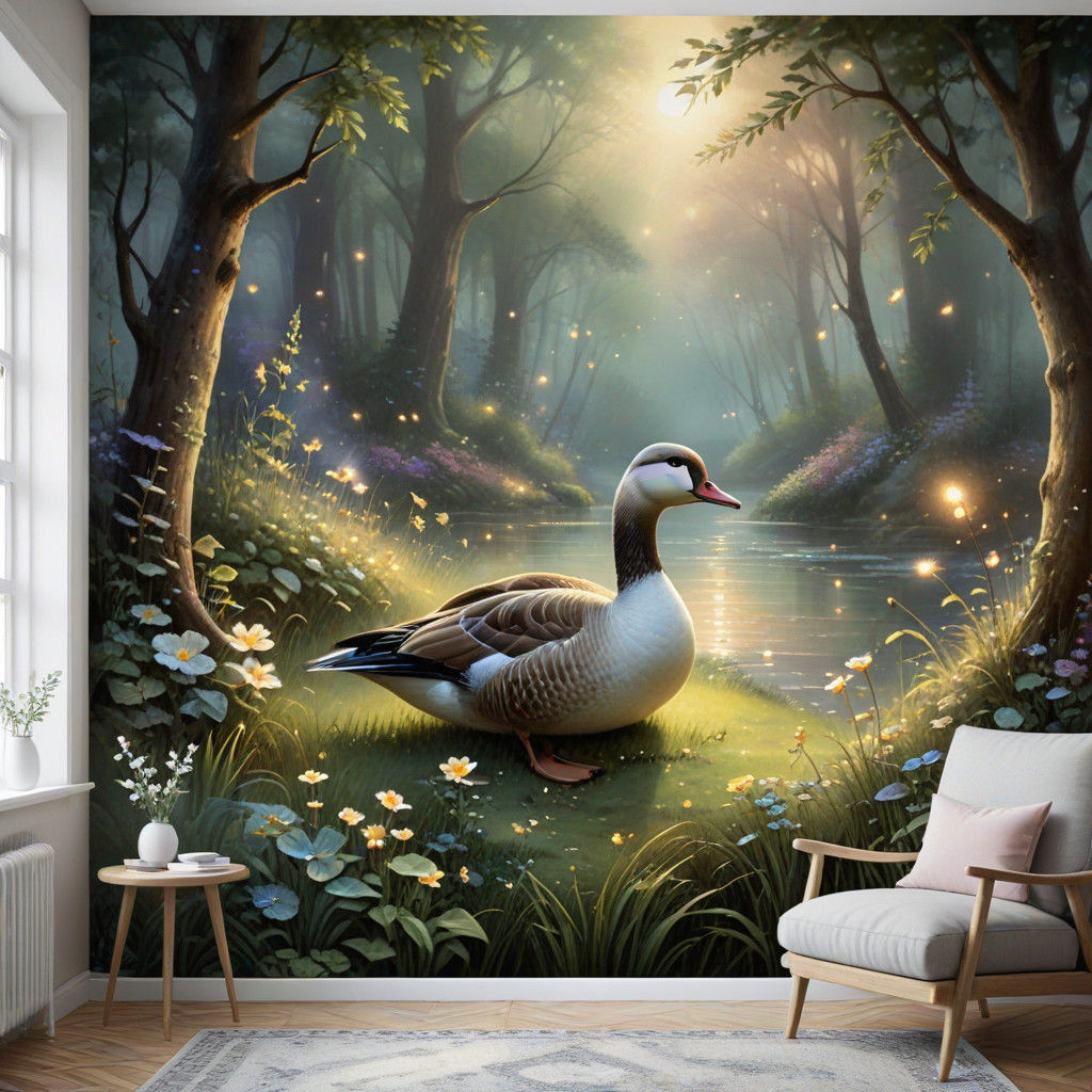 Whimsical Rustic Scene with Goose and Chicks in a Serene Cle...