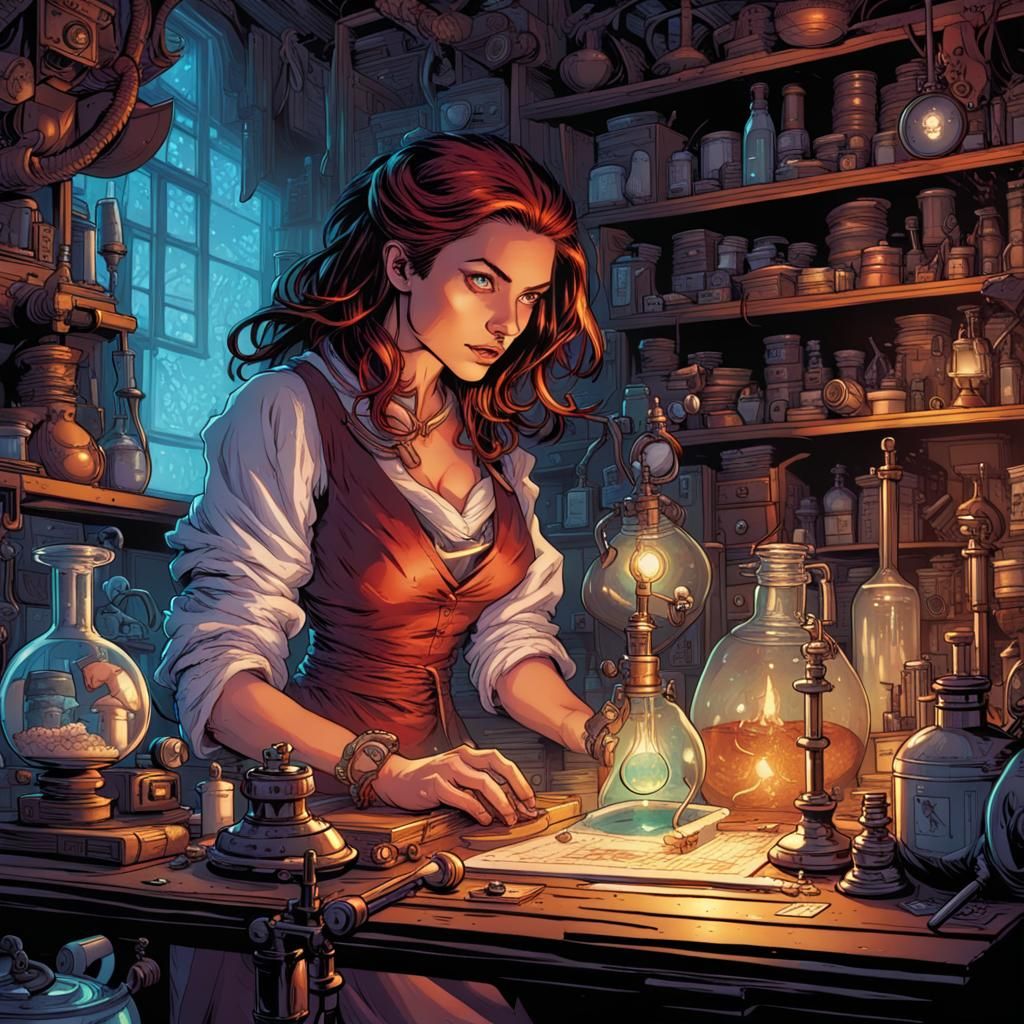 Beautiful Alchemist in Luminous Laboratory, Comic Book Art