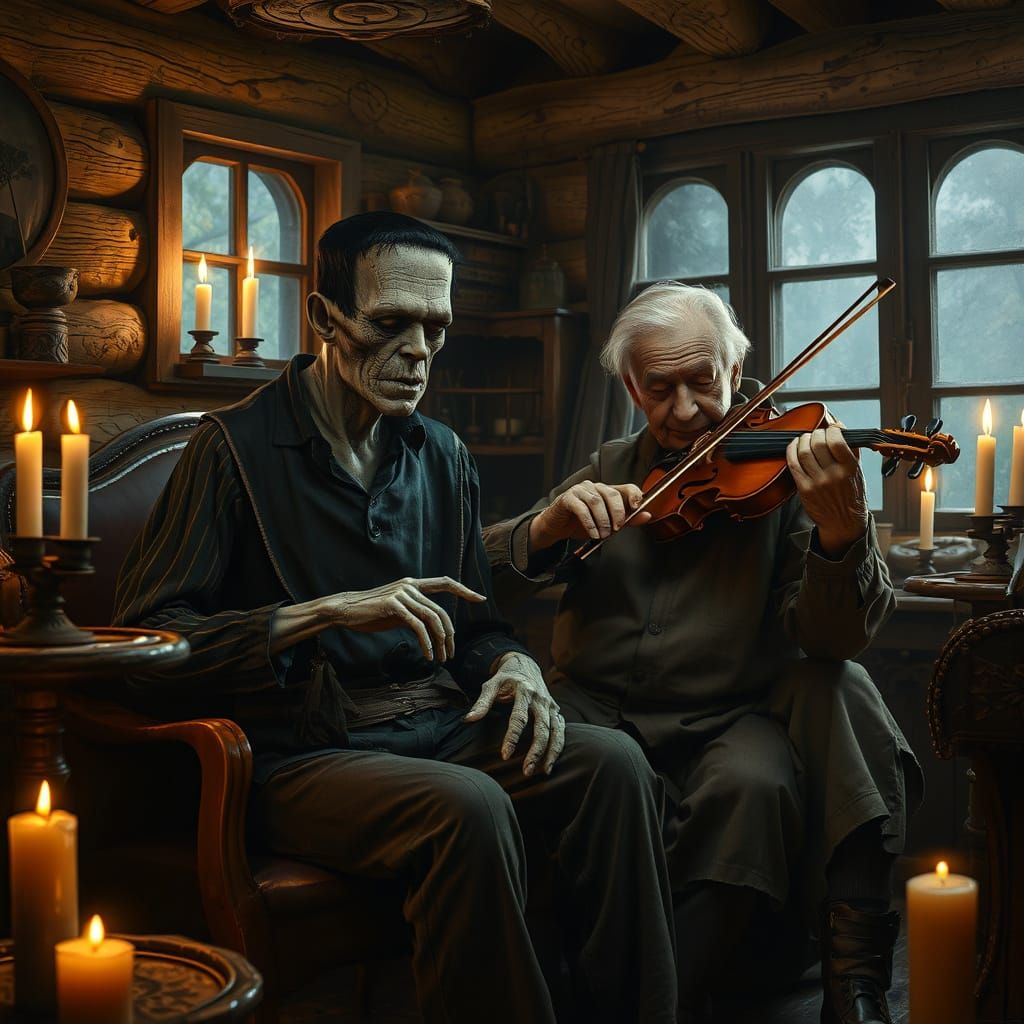 Frankenstein Listens to Violin in Rustic Cottage