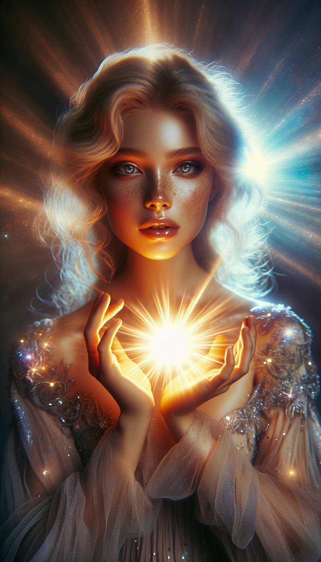 Luminous Goddess Holding a Glowing Sun