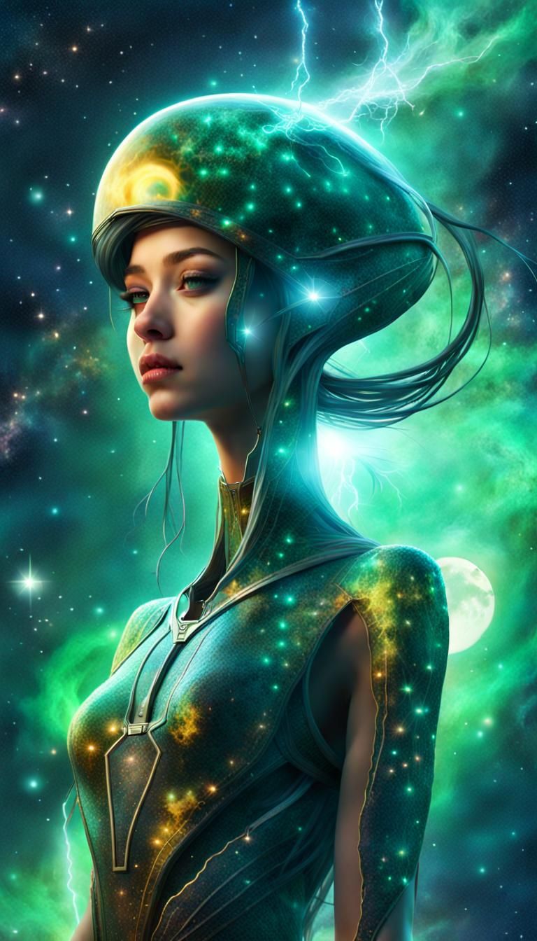 Cosmic Alien Girl in Lightning Nebula