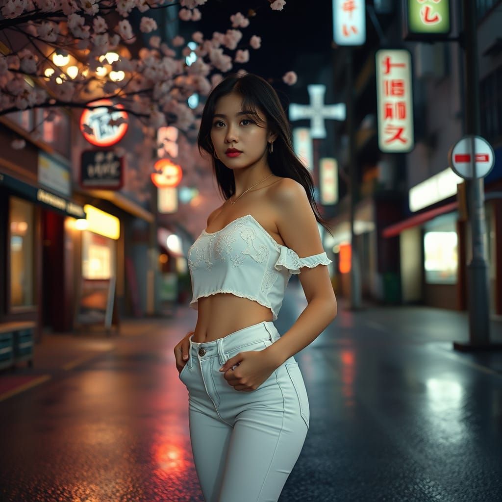Elegant Woman in Neon Tokyo Street at Night