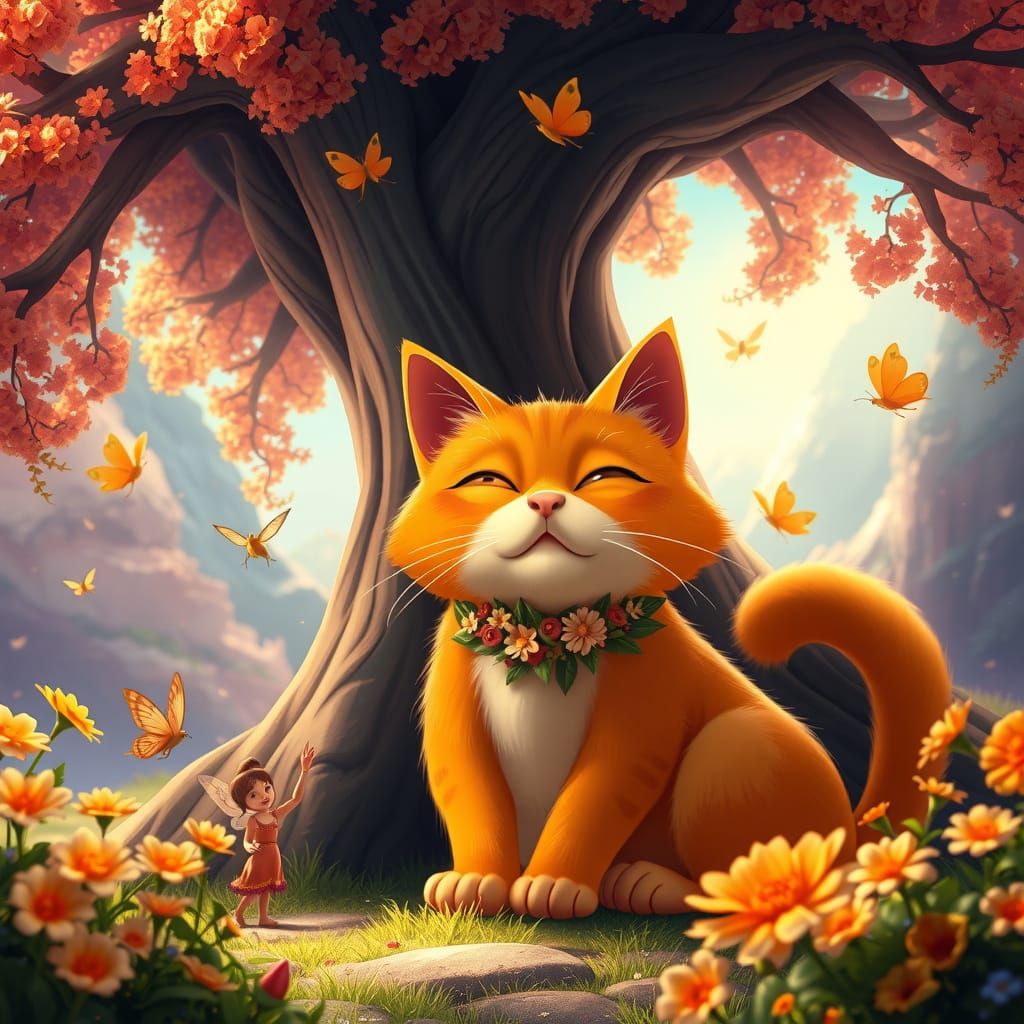 Whimsical Orange Cat with Fairy Friends in Claymation Style