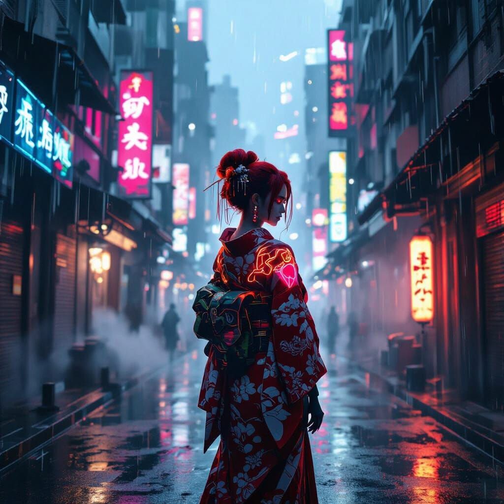 Cyberpunk Geisha with Neon Tattoos in Rainy Cityscape