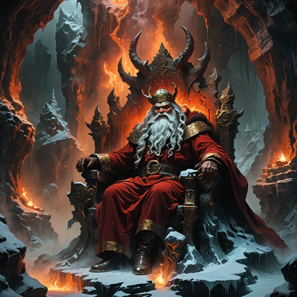 Satan Claus on Throne in Dark Fantasy Cave