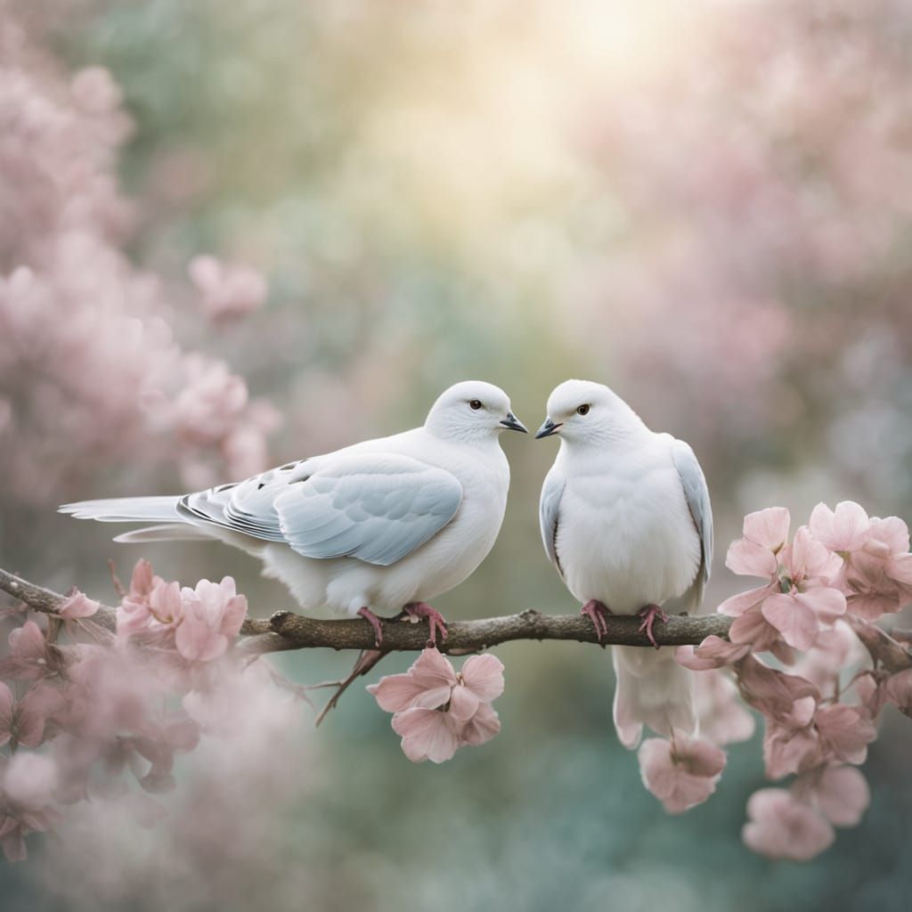 Dreamy Olive Branch with Perched White Doves in Soft Pastel ...