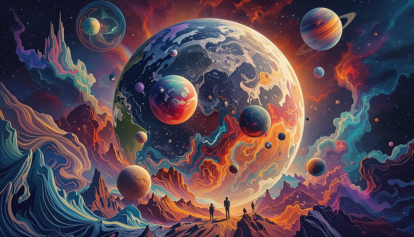 Postcards From Parallel Universes: Earth, Moon, Mars, Saturn