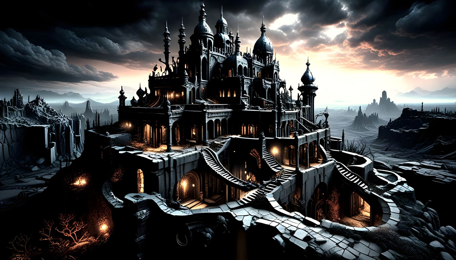 Dark Futuristic Landscape with Twisted Biomechanical Flora a...