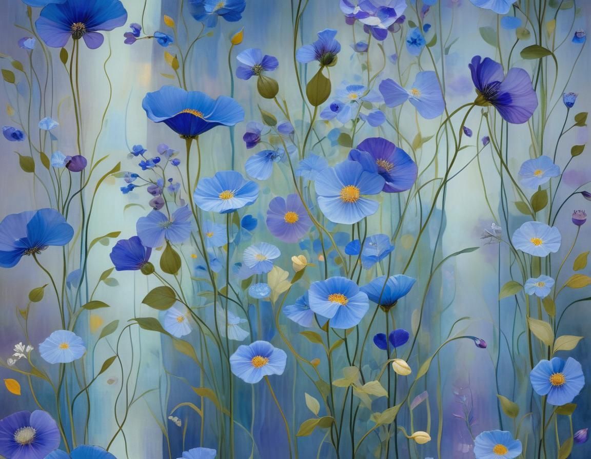 Blue Translucent Flowers in Purple Light, Art Nouveau Style