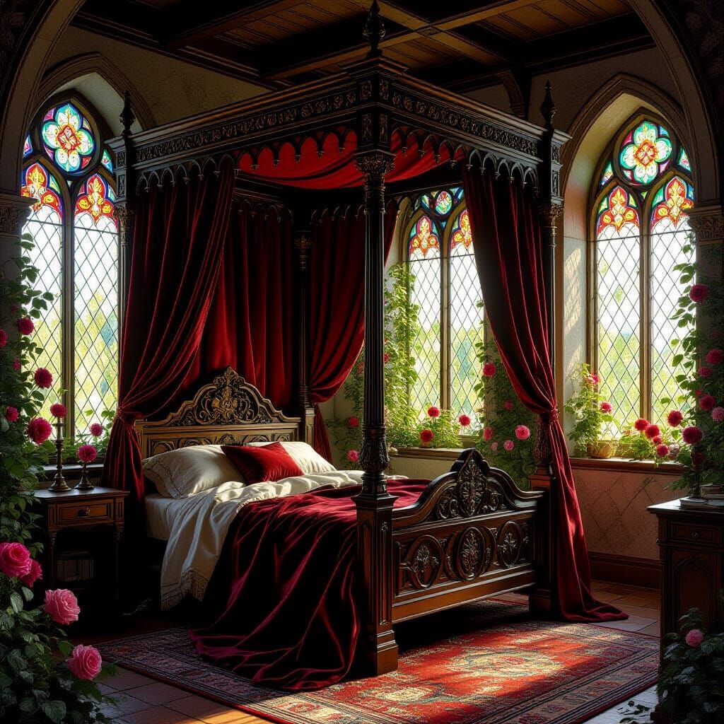 Medieval Bedroom with Stained Glass in Pre-Raphaelite Style