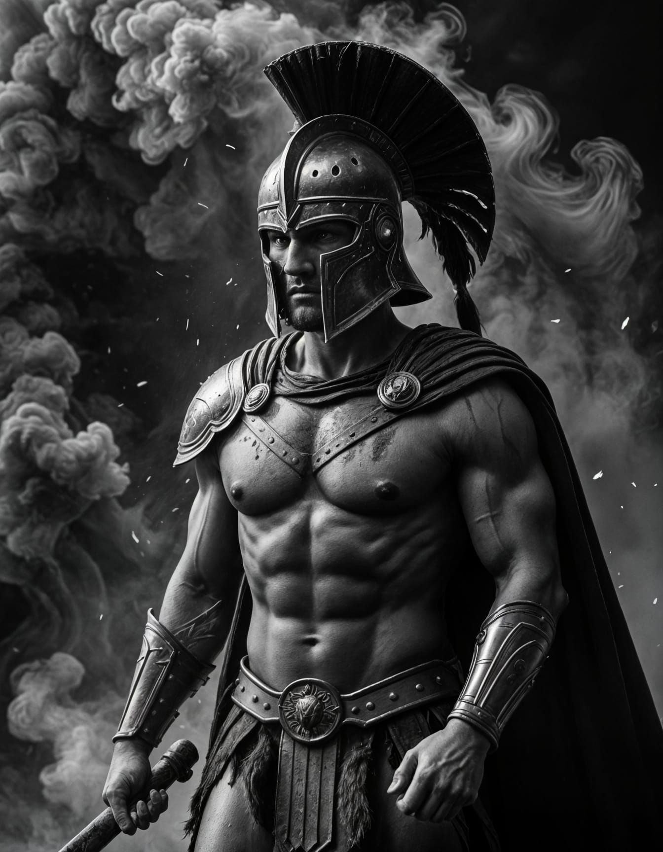 Cinematic Black and White Spartan Warrior in Smoke
