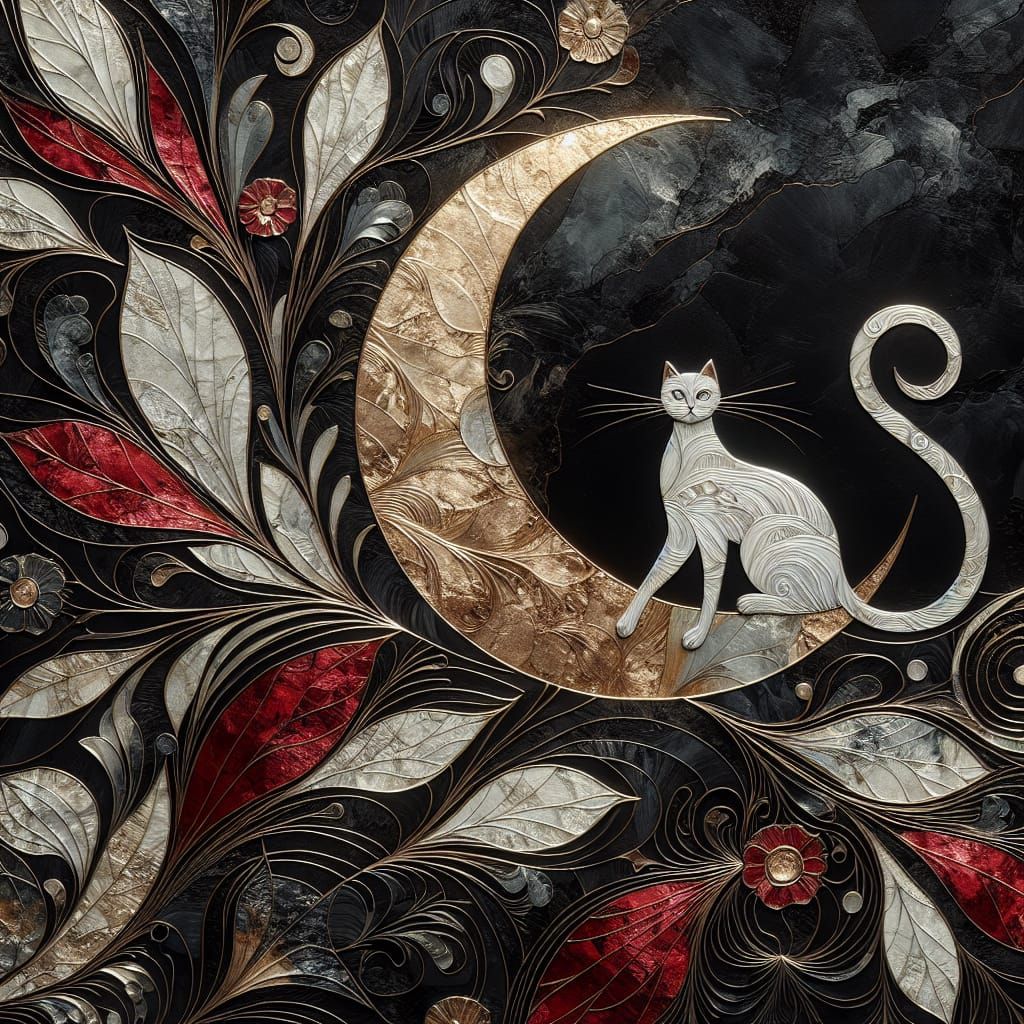 Ethereal Luxury Cat Illuminated at Crescent Moon