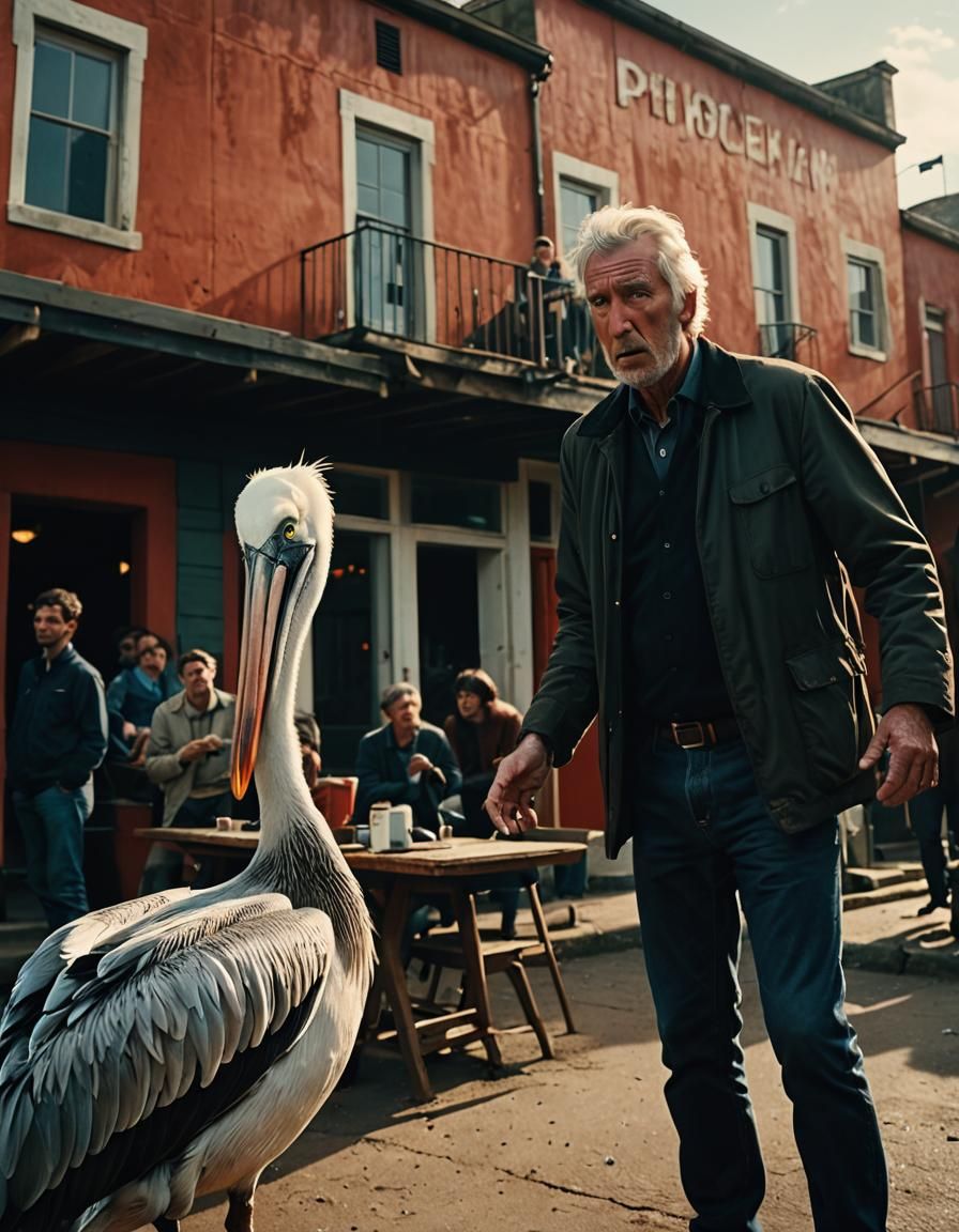 Cinematic Film Still: Angry Pelican Photobomb