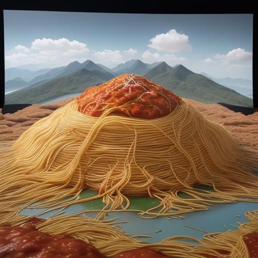 hills made from spaghetti with lakes made from marinara sauce and meatball mountains, hyper-realistic food artistry, Art...