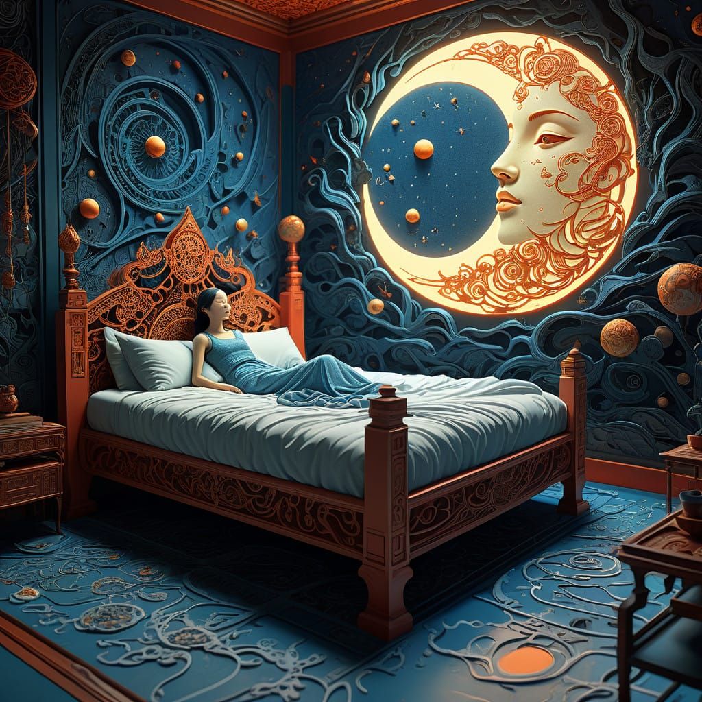 Surreal Fairytale Bed Made of Sun and Moon in Elegant, Intri...