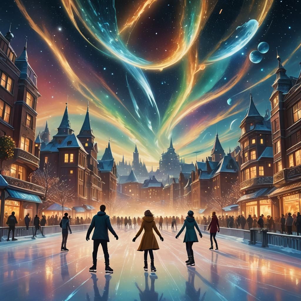 Couple Ice Skating Under Galactic Battle, Digital Art