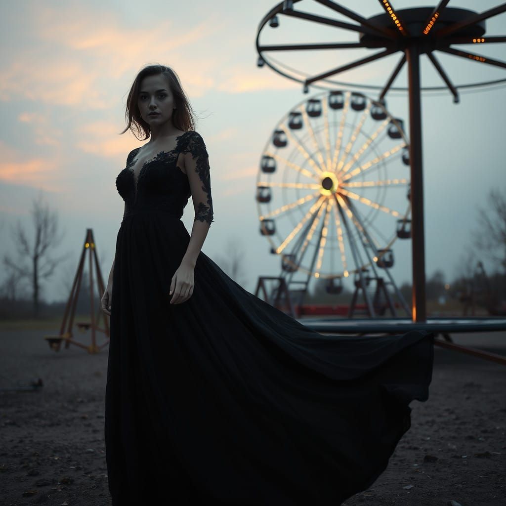 Mysterious Woman in a Desolate Playground at Dusk