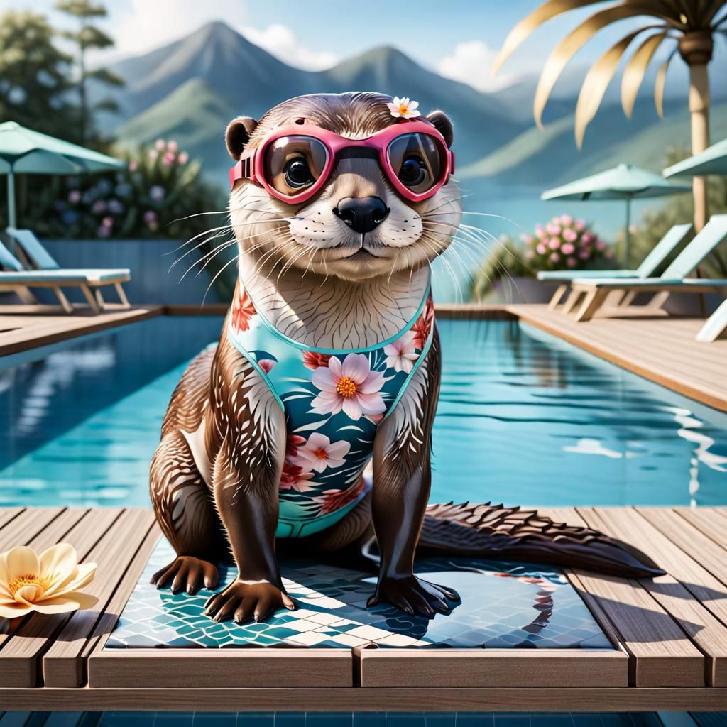 Cartoon Otter Ready to Dive into Swimming Pool