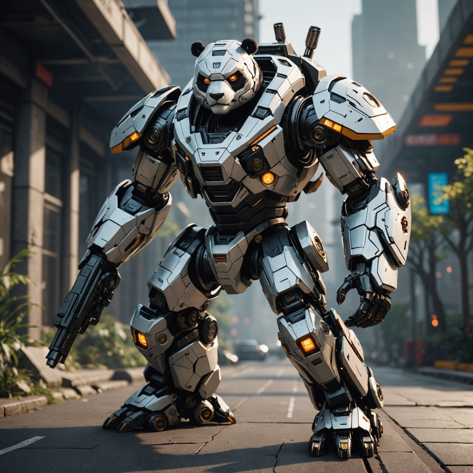 Panda Mech vs Futuristic Ninjas in Sci-Fi Battle