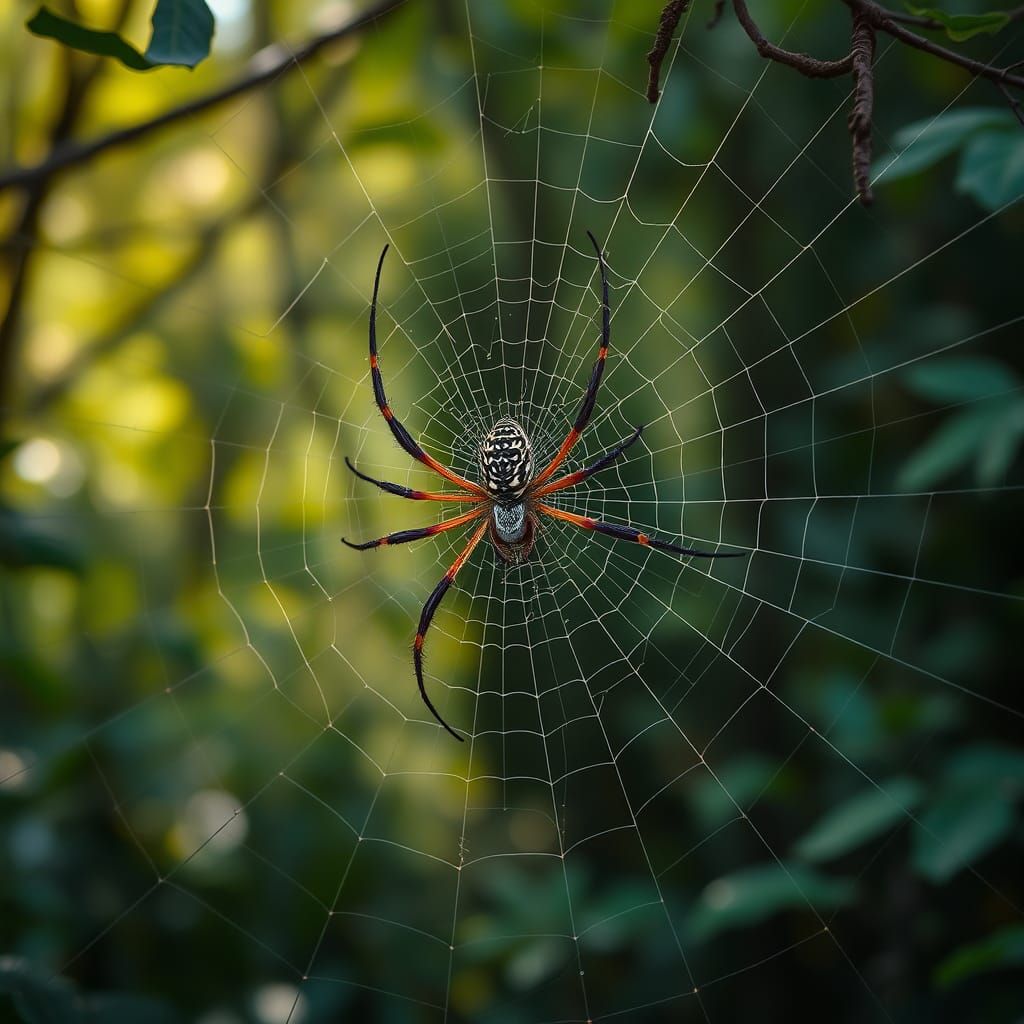 Spider Weaving Web in Magical Forest, Maximalist Style