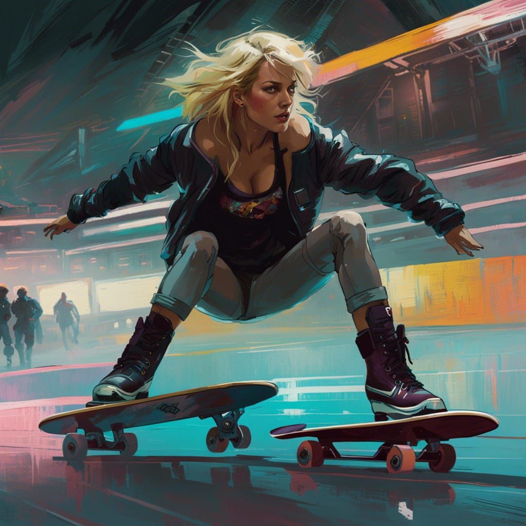 80s Blonde Woman Skating, Detailed Lineart Style