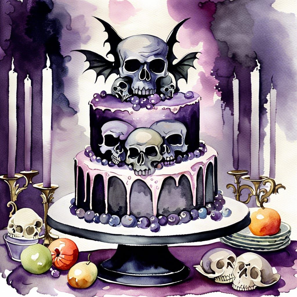 Gothic Birthday Cake with Skulls, Watercolor Art