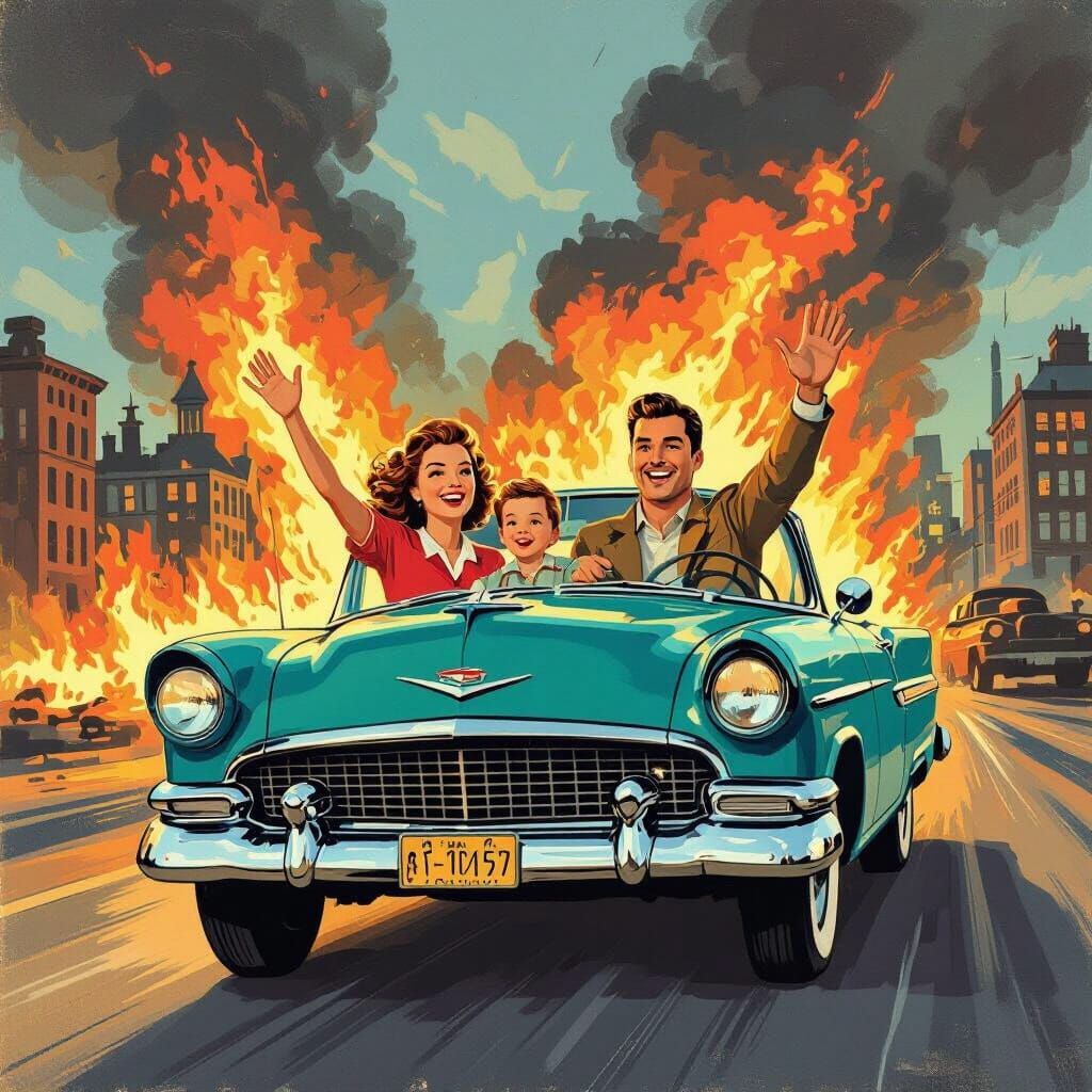 Family Escapes Burning City in 1950s Style