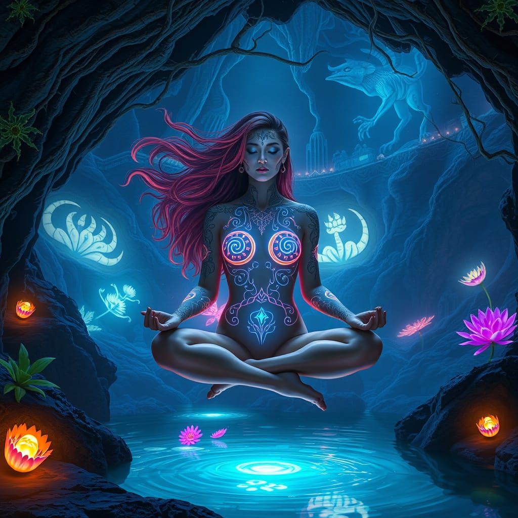 Mystical Woman in Bioluminescent Grotto: Surreal Bio-Art