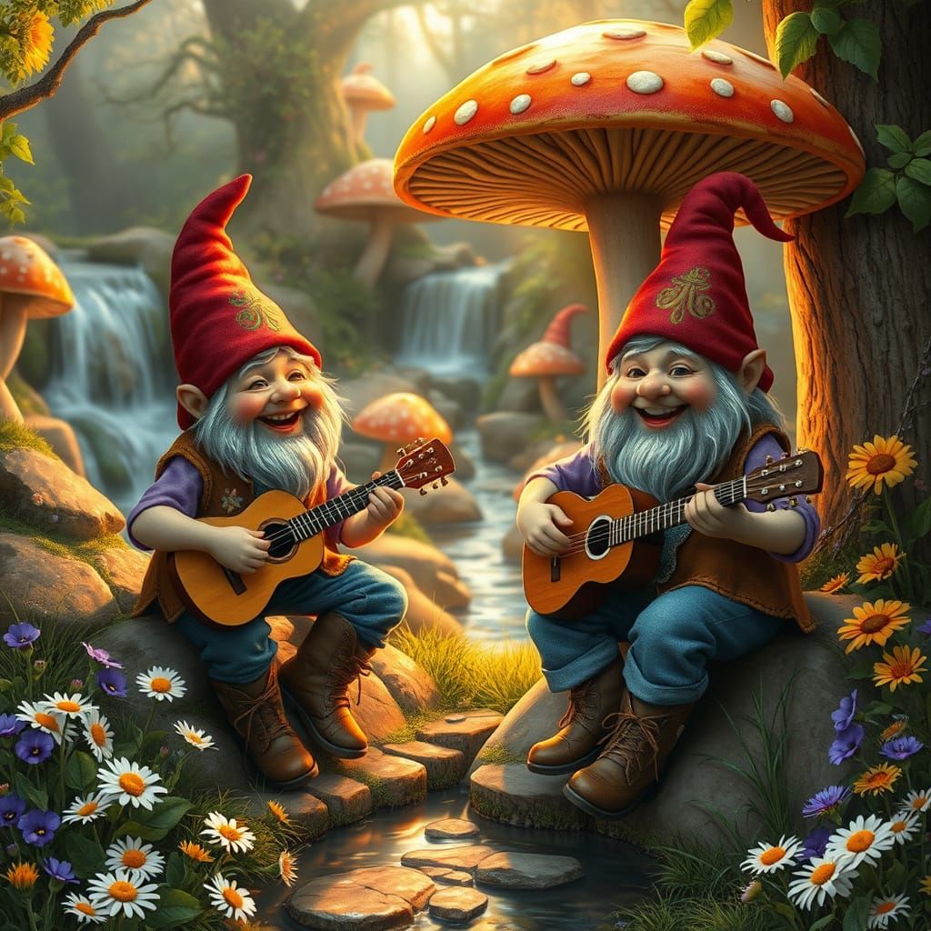 Gnomes Strumming Guitars in Fairy Woods