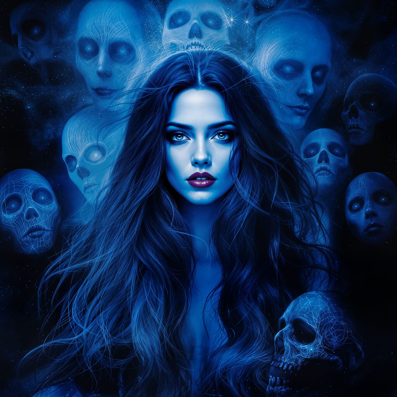 Dreamlike Portrait in Vibrant Blues and Muted Tones