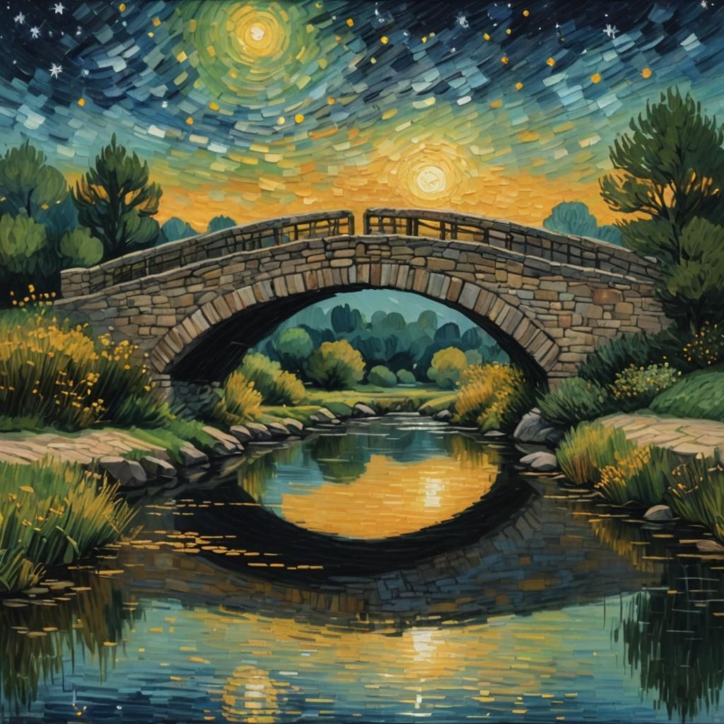 Stone Bridge at Night in Impressionist Style