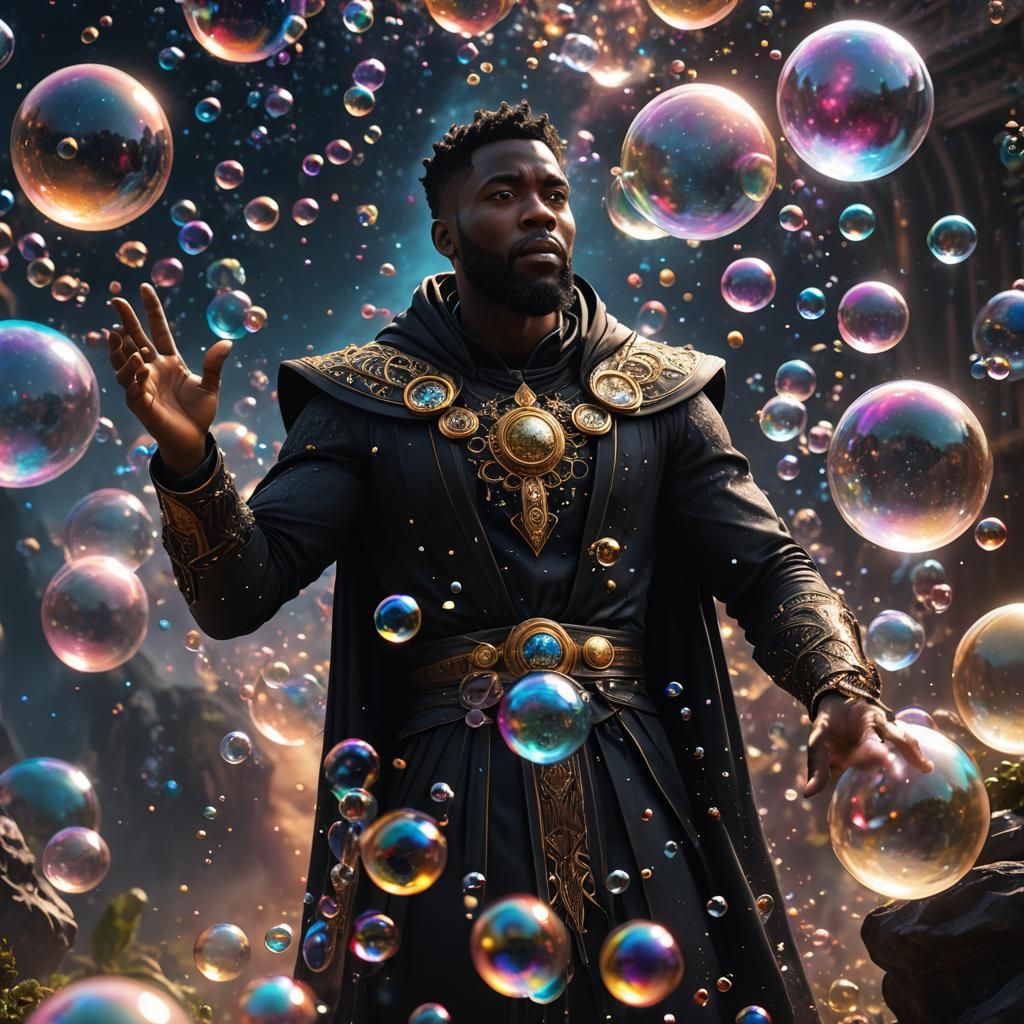 Black God Creates Universe in Bubbles: Hyperrealistic Art