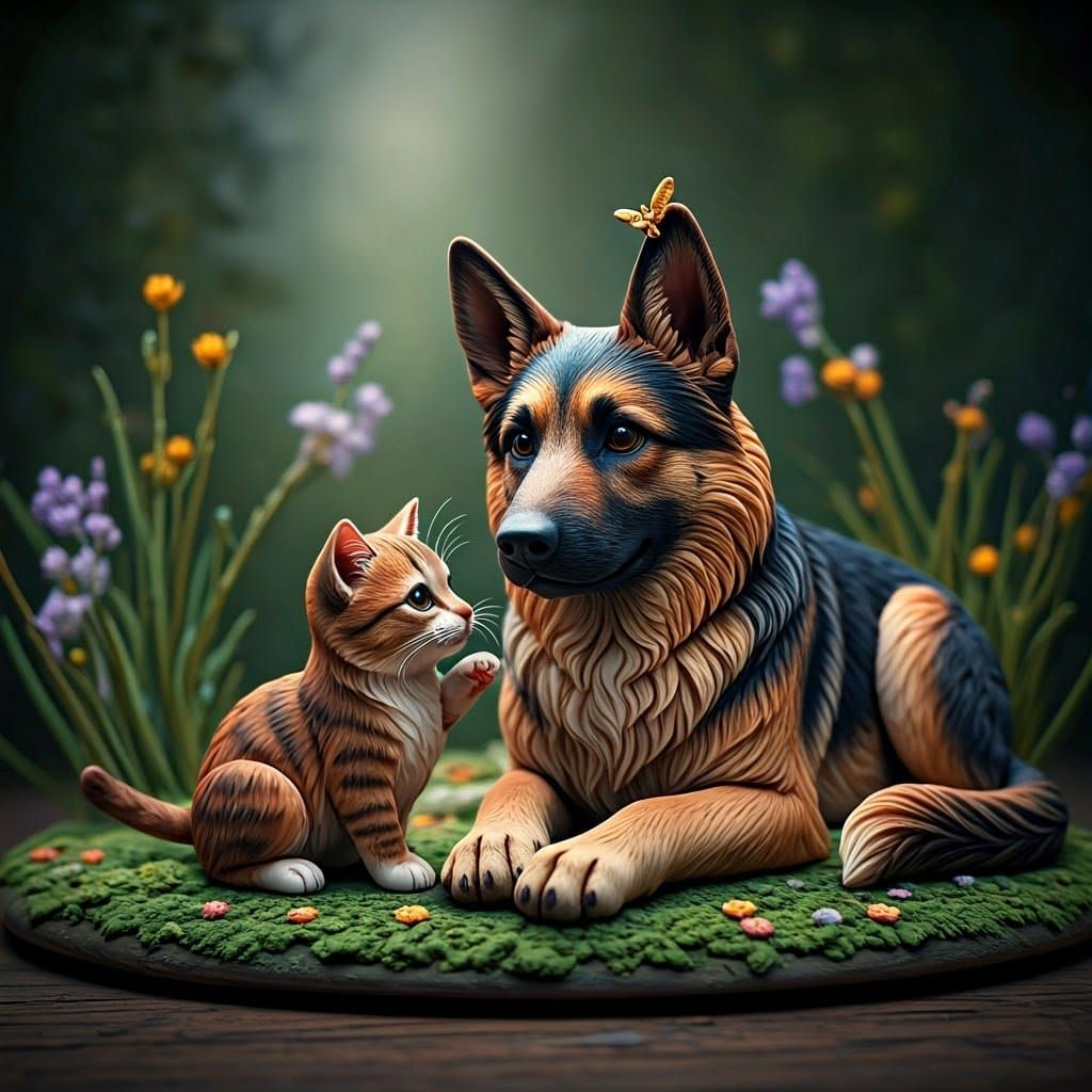 Whimsical Clay World of Kitten and Shepherd