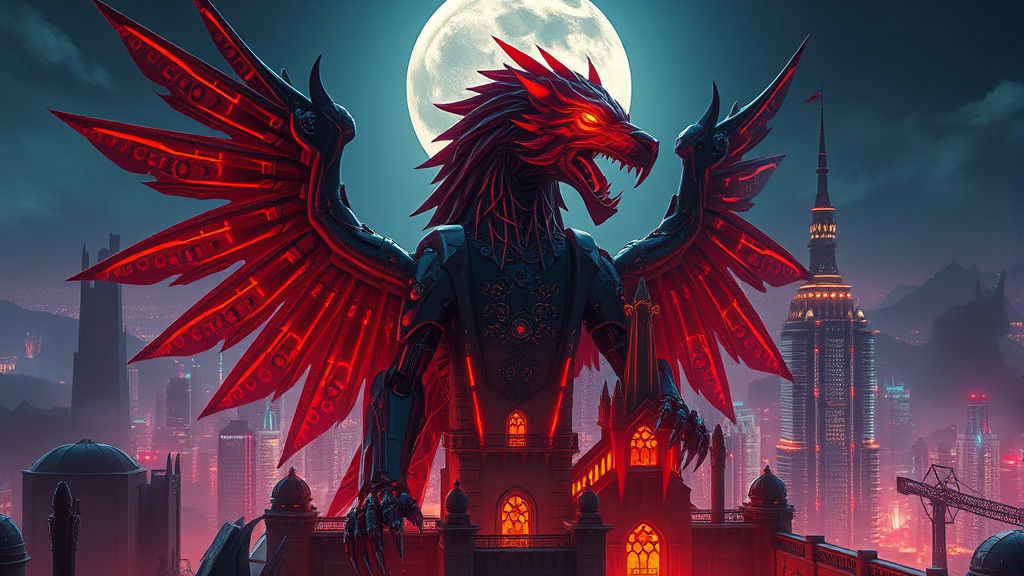 Cybernetic Griffin Guarding Neon Castle