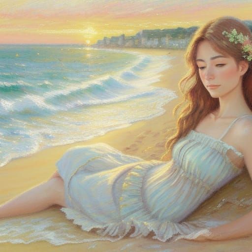 Impressionistic Woman Relaxing on Beach in Pastel Colors