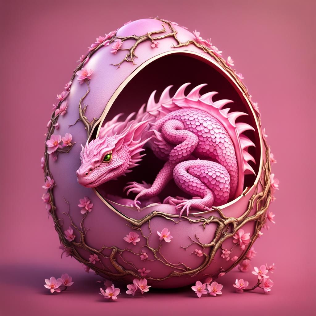 Cherry Blossom Dragon Hatching: Hyperrealistic Digital Art