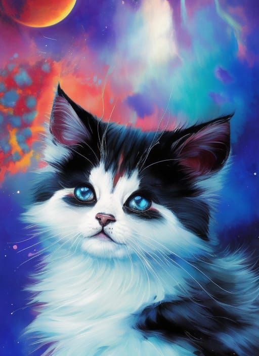 Badass Fluffy Kitten Portrait in Oil and Gouache