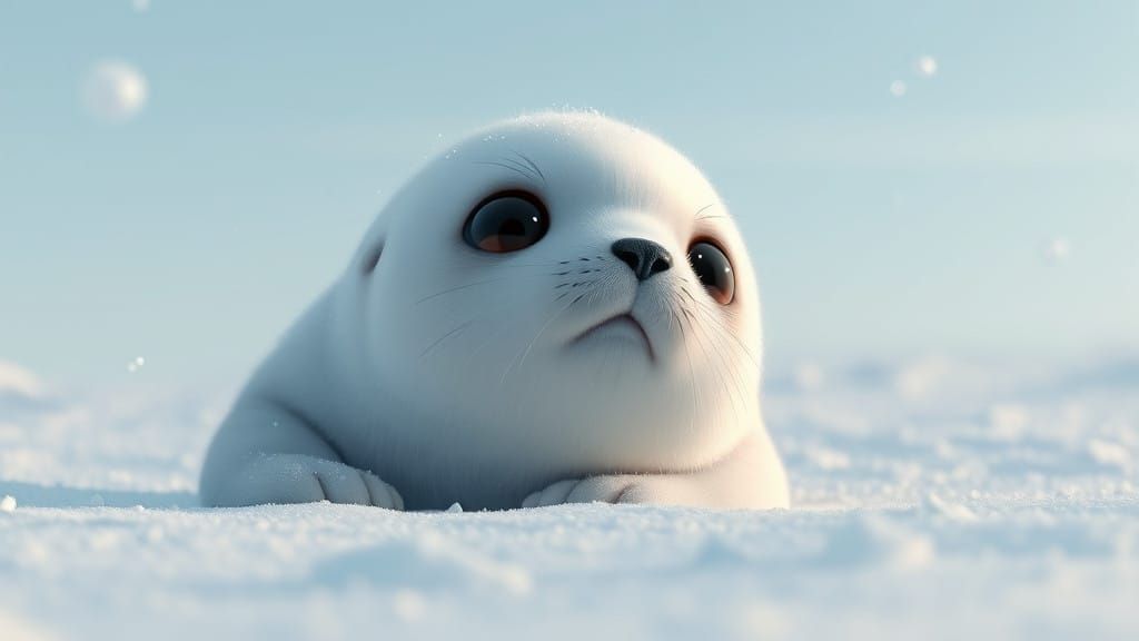 Surreal 3D Anime Art of Baby Seal on Icy Landscape