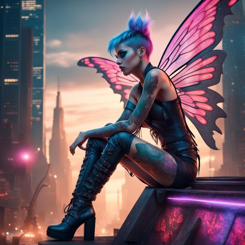 Heavy Metal Tattooed Fairy in Cyberpunk City