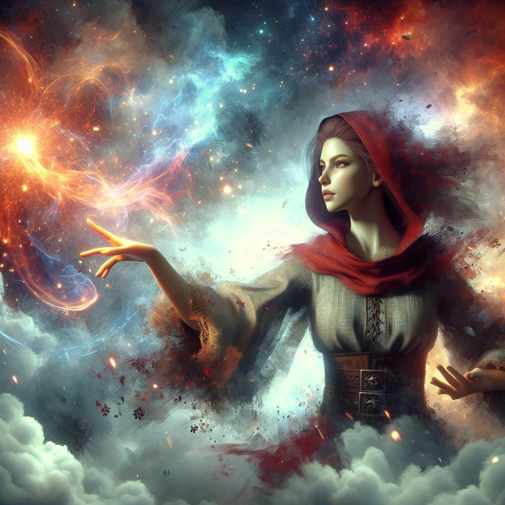 Watercolor Sorceress Casting Fire Spell on Battlefield