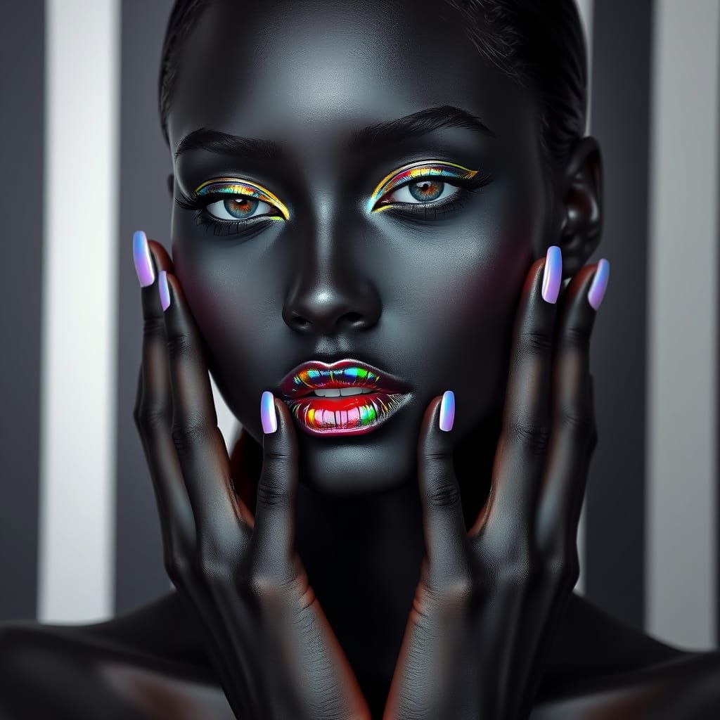 Avant-Garde Portrait: Woman with Matte Black Skin and Rainbo...
