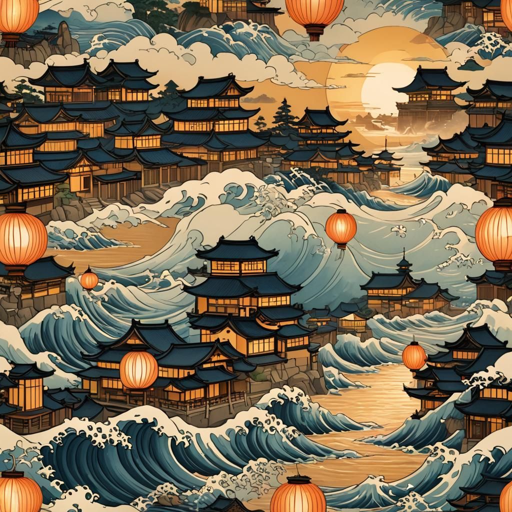 Edo Japan Cityscape with Waves in Ukiyo-e Style