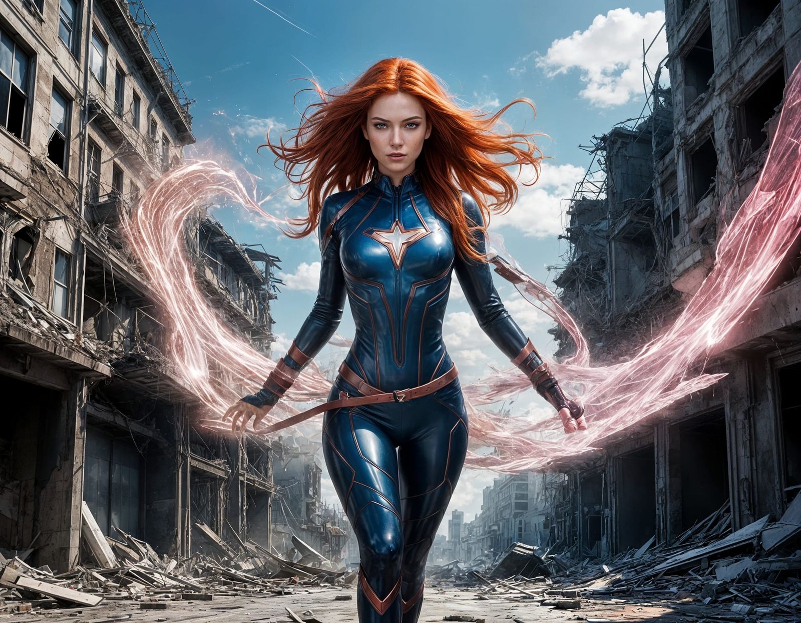 Floating Superheroine in Ruined Cityscape