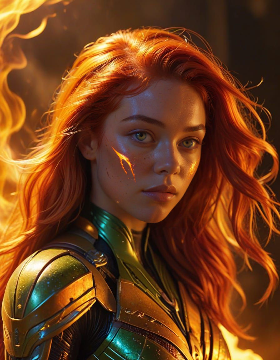 Alien Superheroine with Fiery Hair, Cinematic Portrait